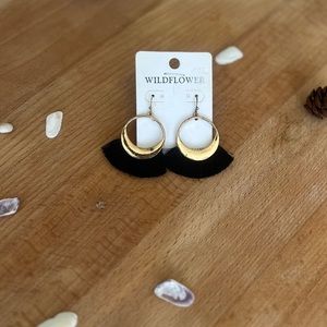 Wildflower gold dangle earrings with black Fringe gold plated, sterling silver